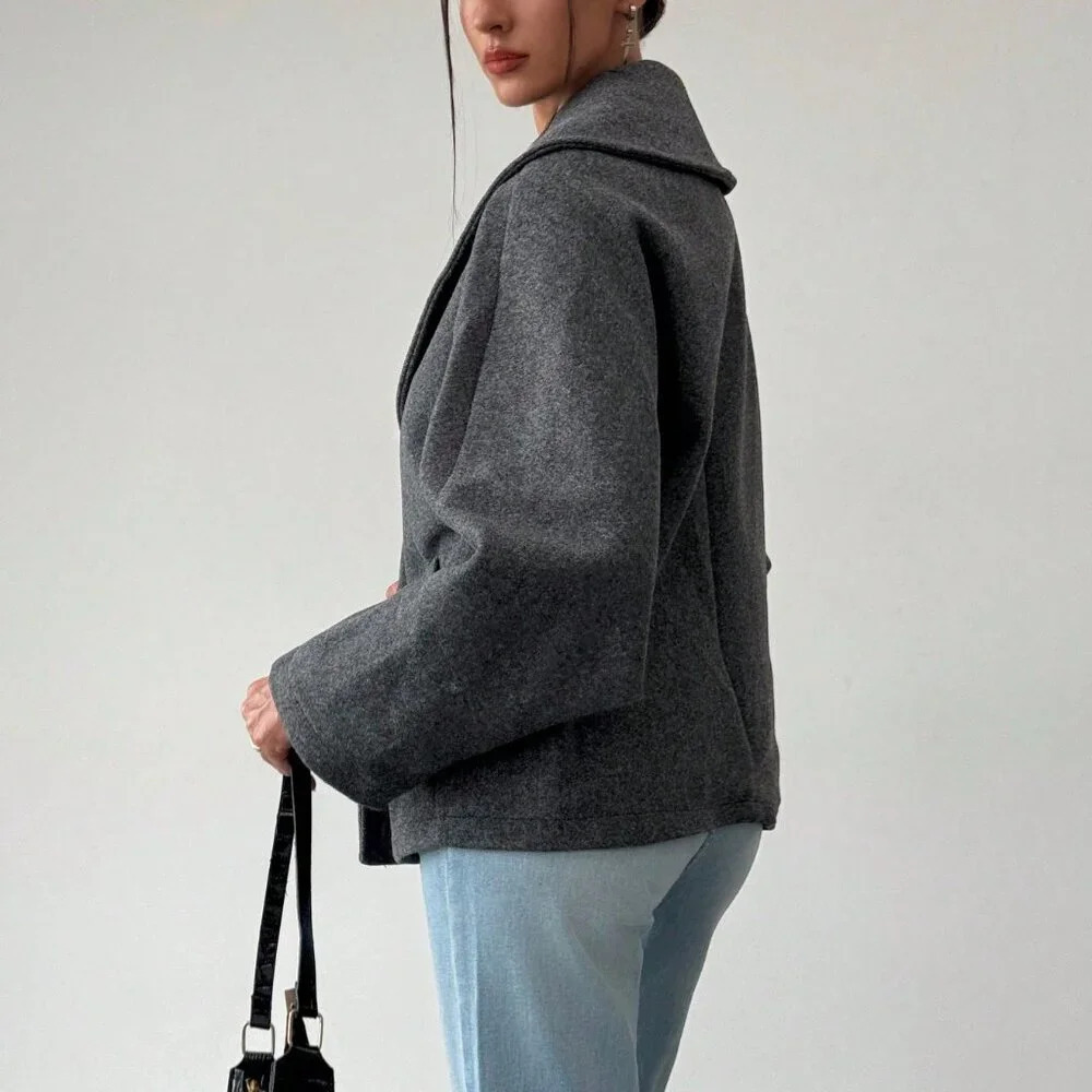 Grey Casual Women's Gray Elegant Wool Blend Lapel Coat - Picture 4 of 7